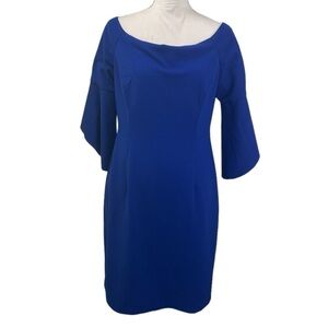 Antonio Melani Blue Off Shoulder Bell Sleeve Sheath Dress Knee SZ 8 Old Money